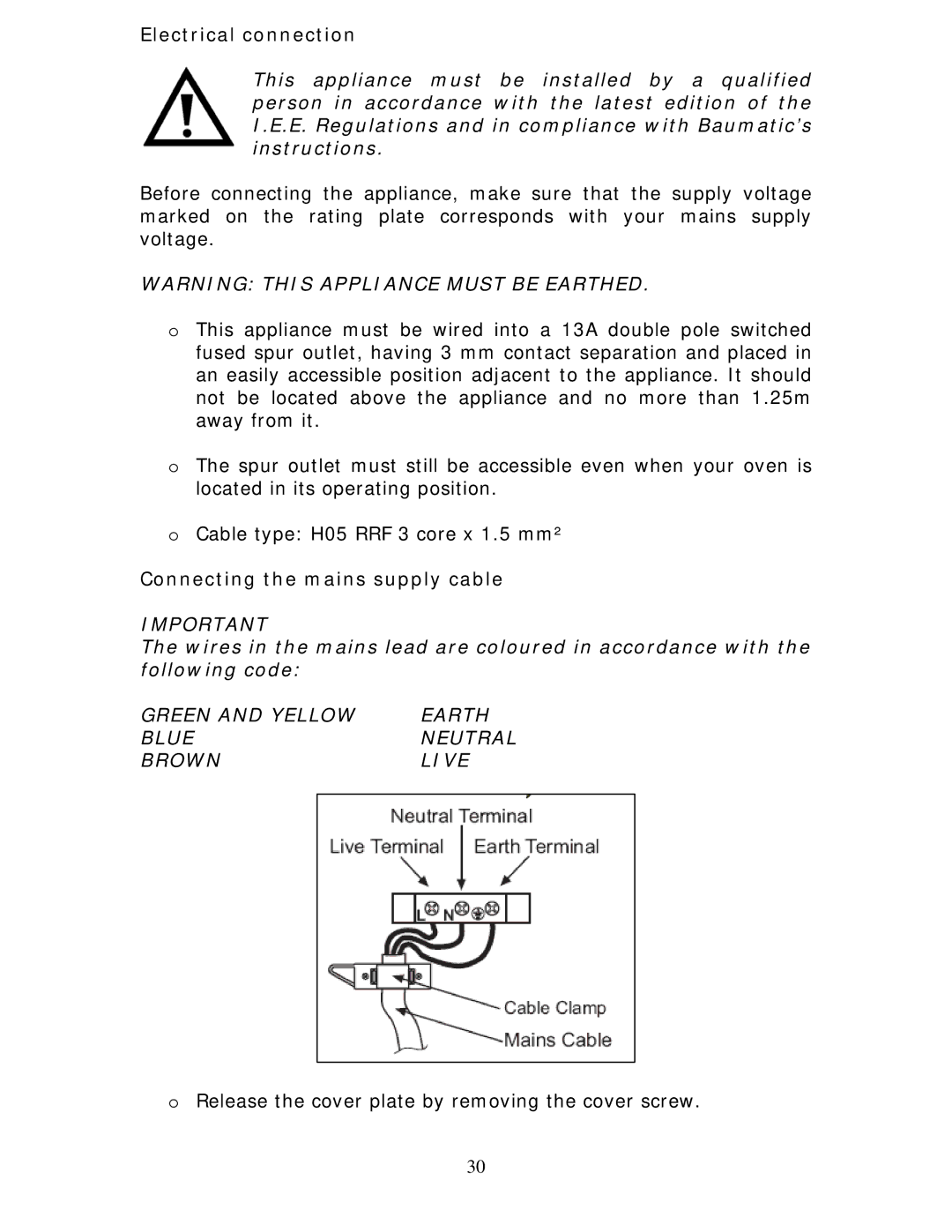 Baumatic BCG925SS manual Electrical connection, Connecting the mains supply cable 