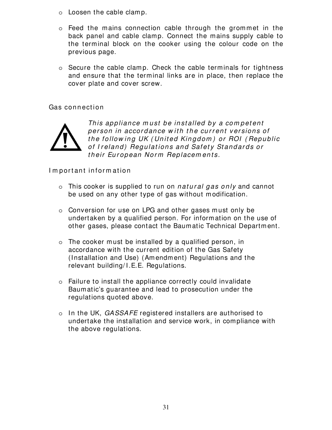 Baumatic BCG925SS manual Gas connection, Important information 