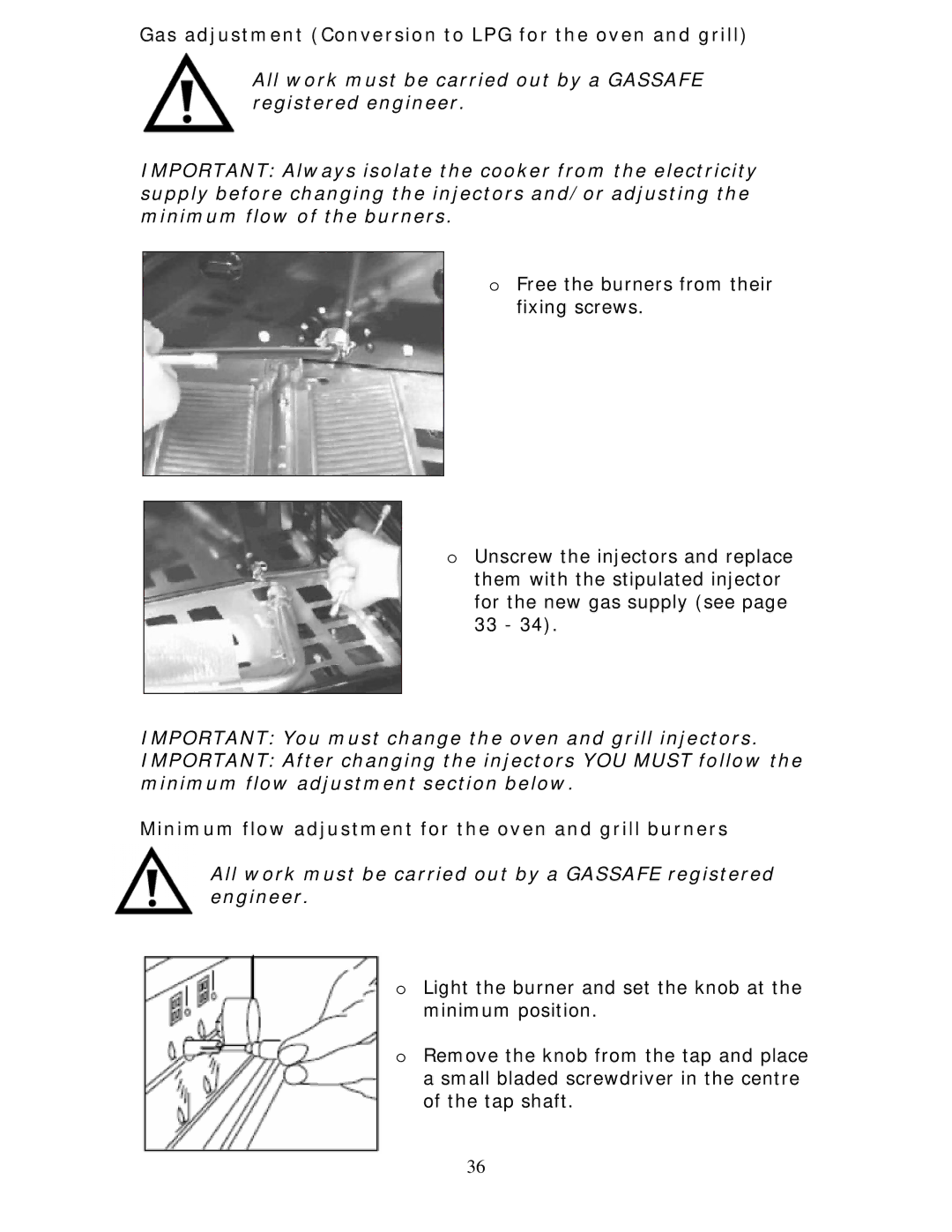 Baumatic BCG925SS manual Gas adjustment Conversion to LPG for the oven and grill 