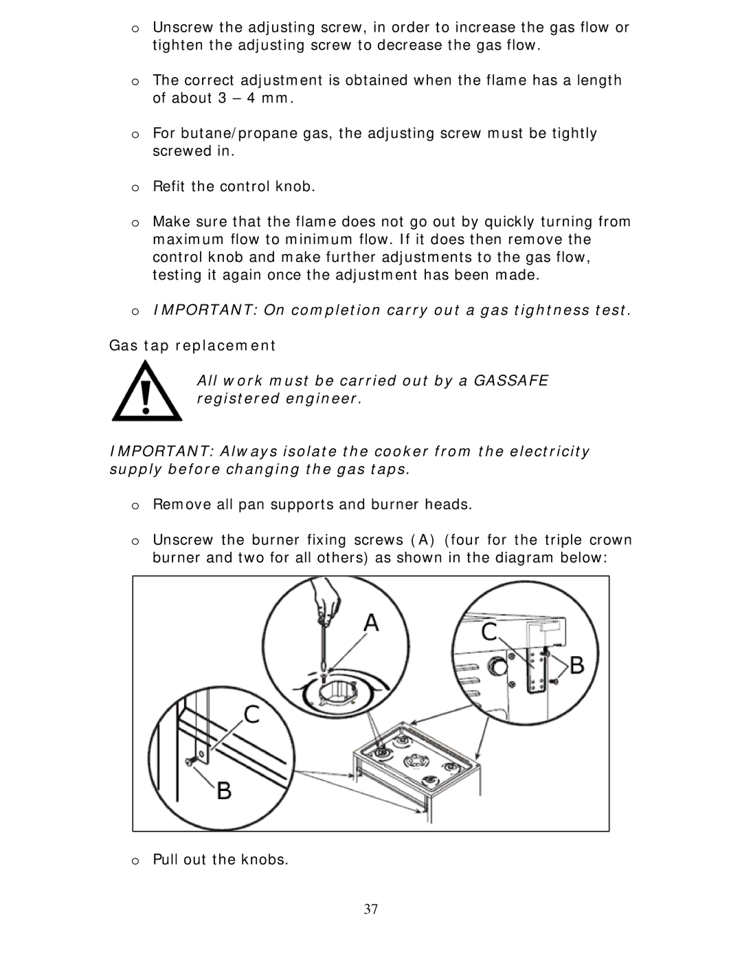 Baumatic BCG925SS manual Gas tap replacement 