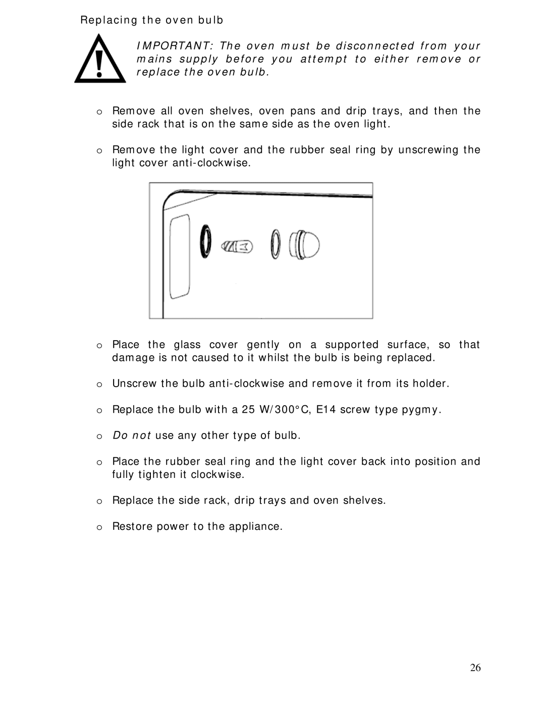 Baumatic BCS450SS manual Replacing the oven bulb 