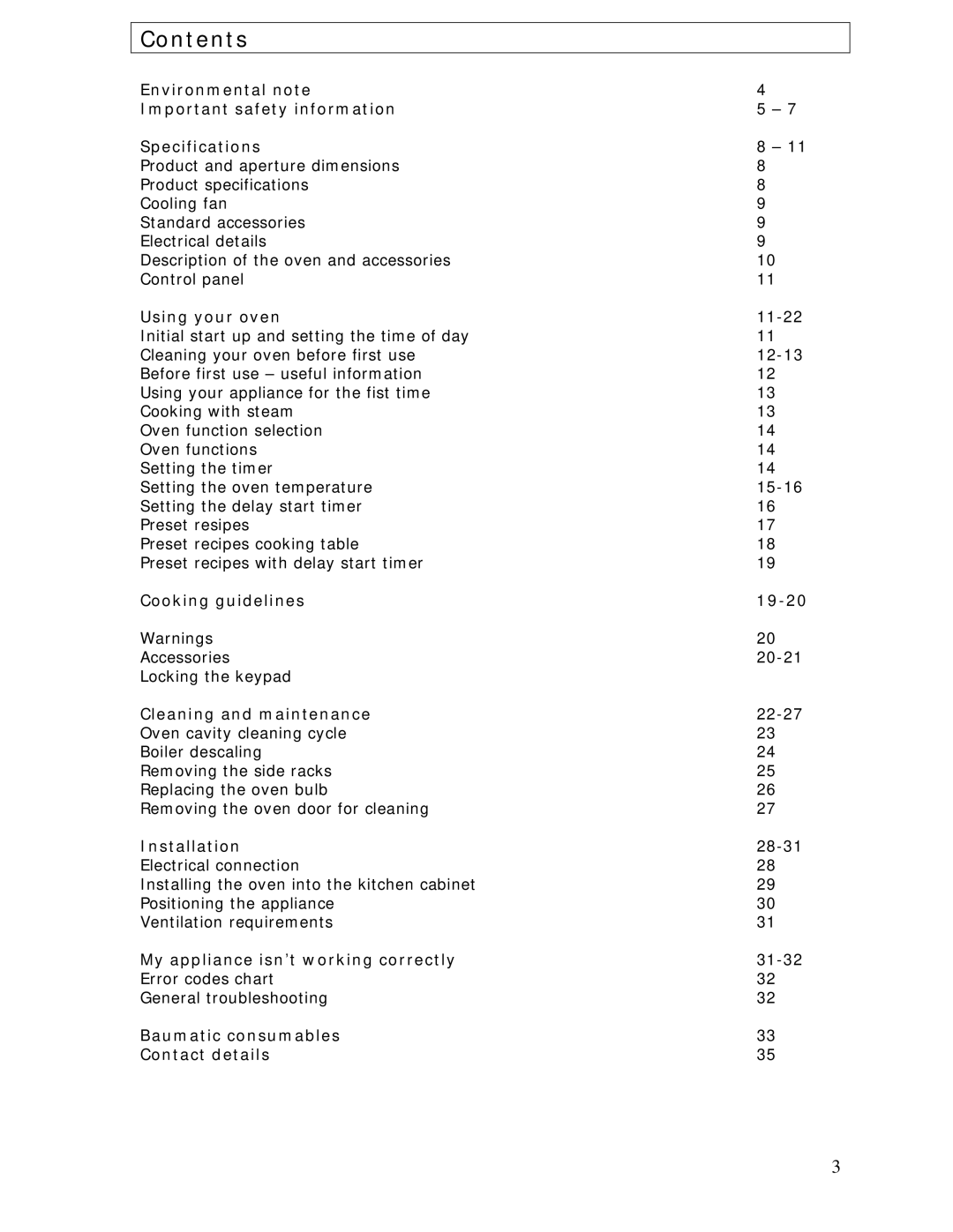 Baumatic BCS450SS manual Contents 