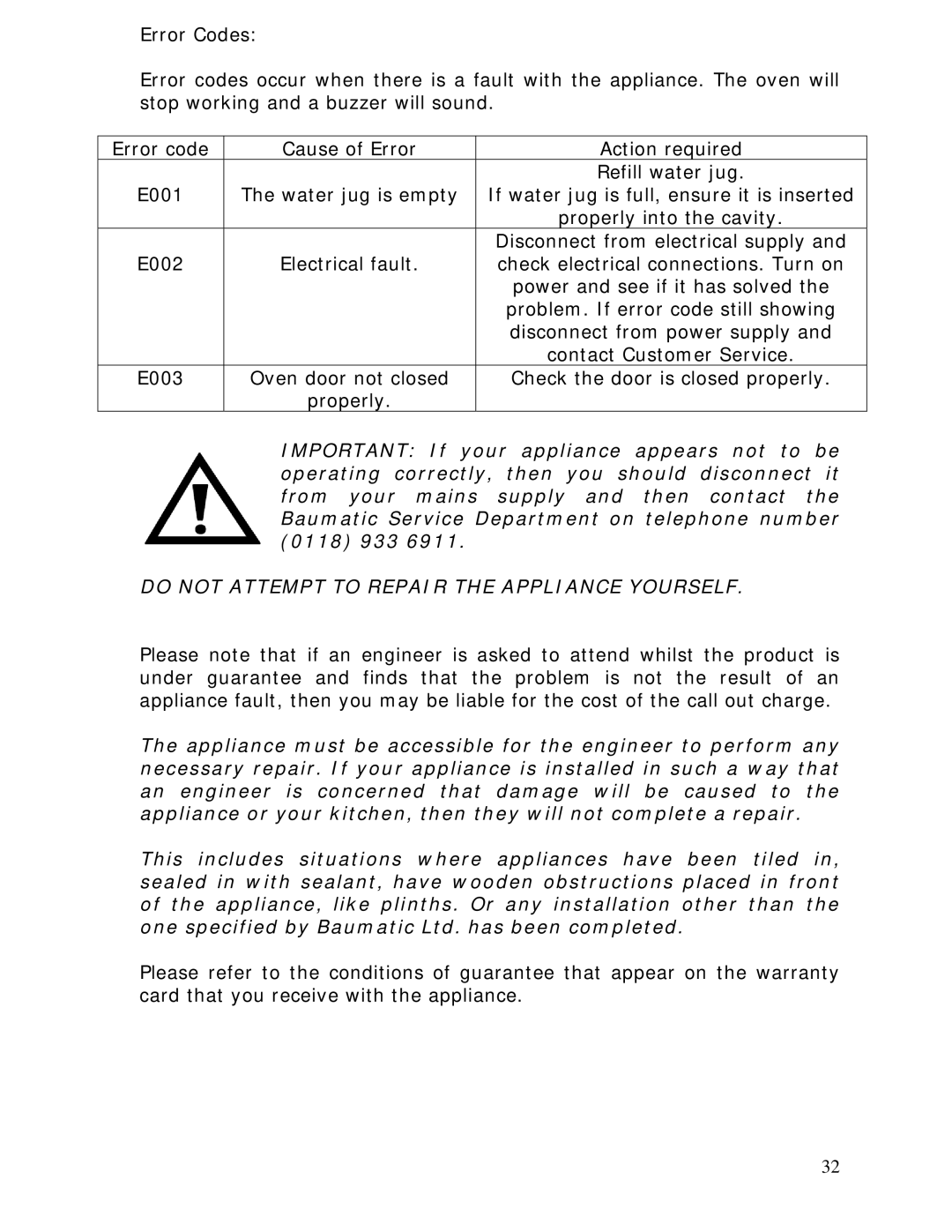 Baumatic BCS450SS manual Do not Attempt to Repair the Appliance Yourself 