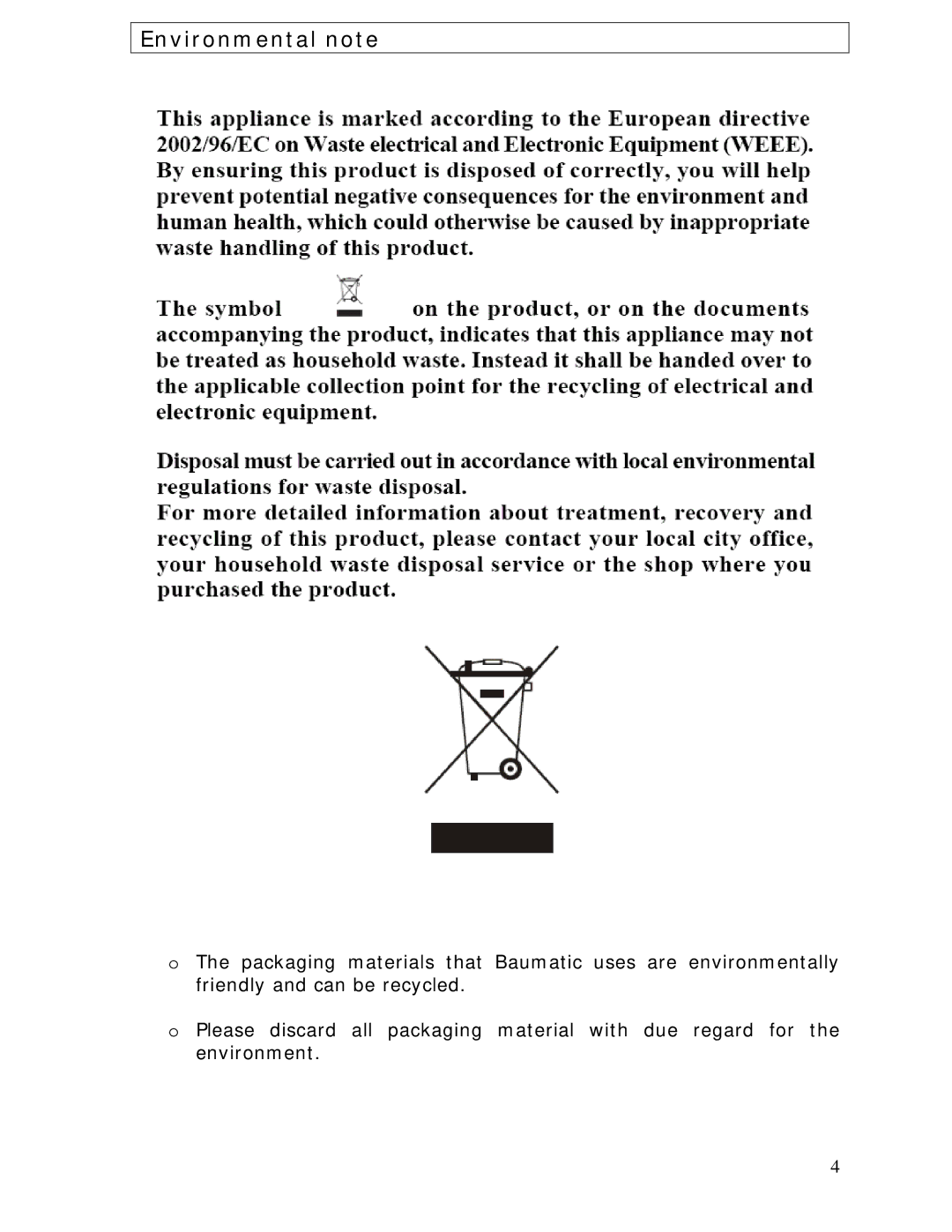 Baumatic BCS450SS manual Environmental note 