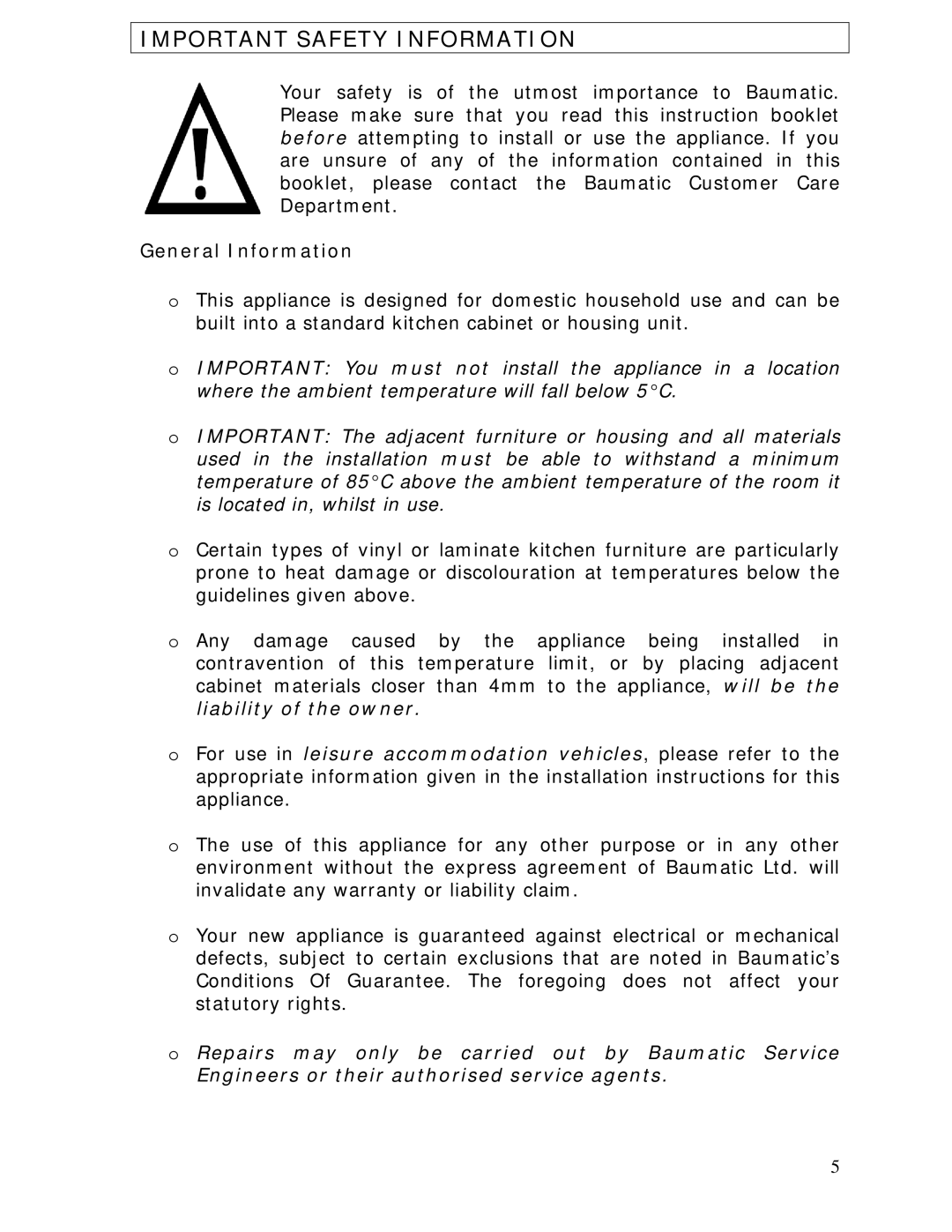 Baumatic BCS450SS manual Important Safety Information, General Information 