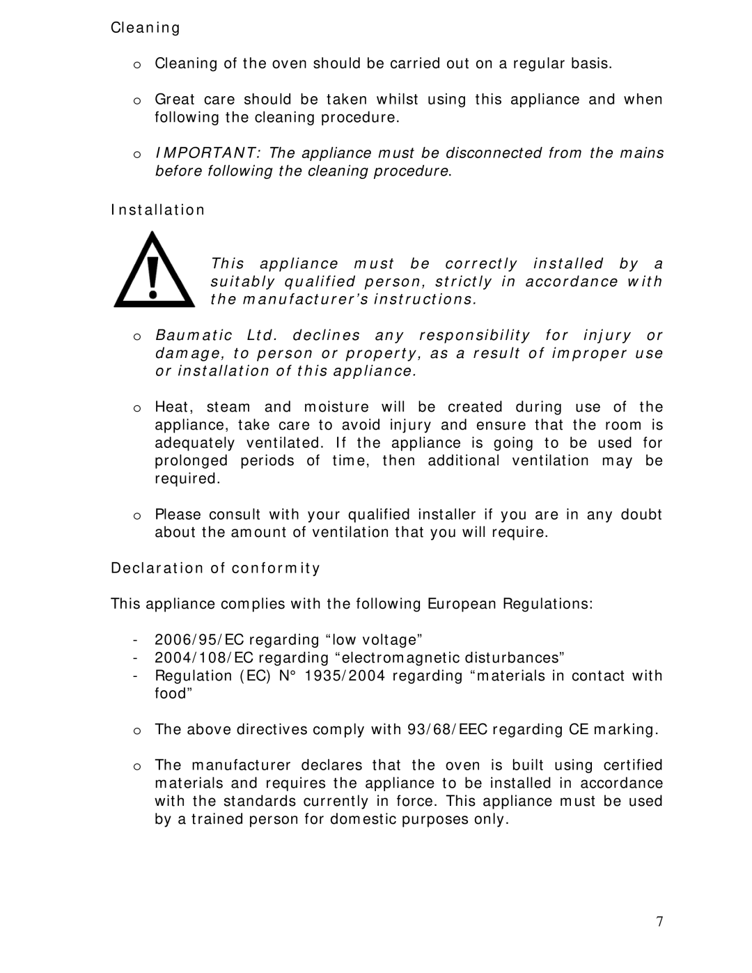 Baumatic BCS450SS manual Cleaning, Installation, Declaration of conformity 