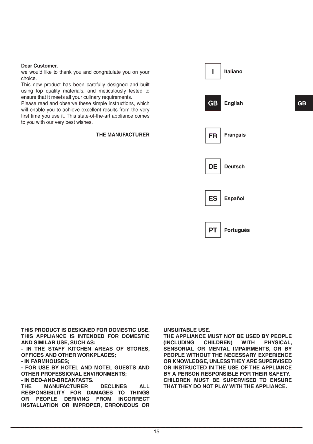 Baumatic BD30TS manual Dear Customer, Manufacturer, Italiano EnglishGB Français Deutsch Español Português 