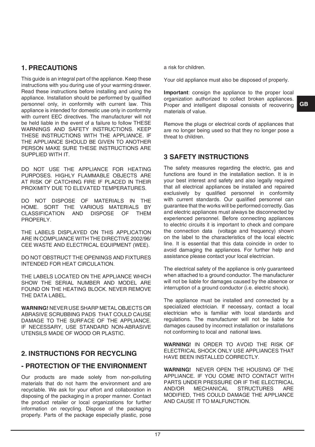 Baumatic BD30TS manual Precautions, Instructions for Recycling Protection of the Environment, Safety Instructions 