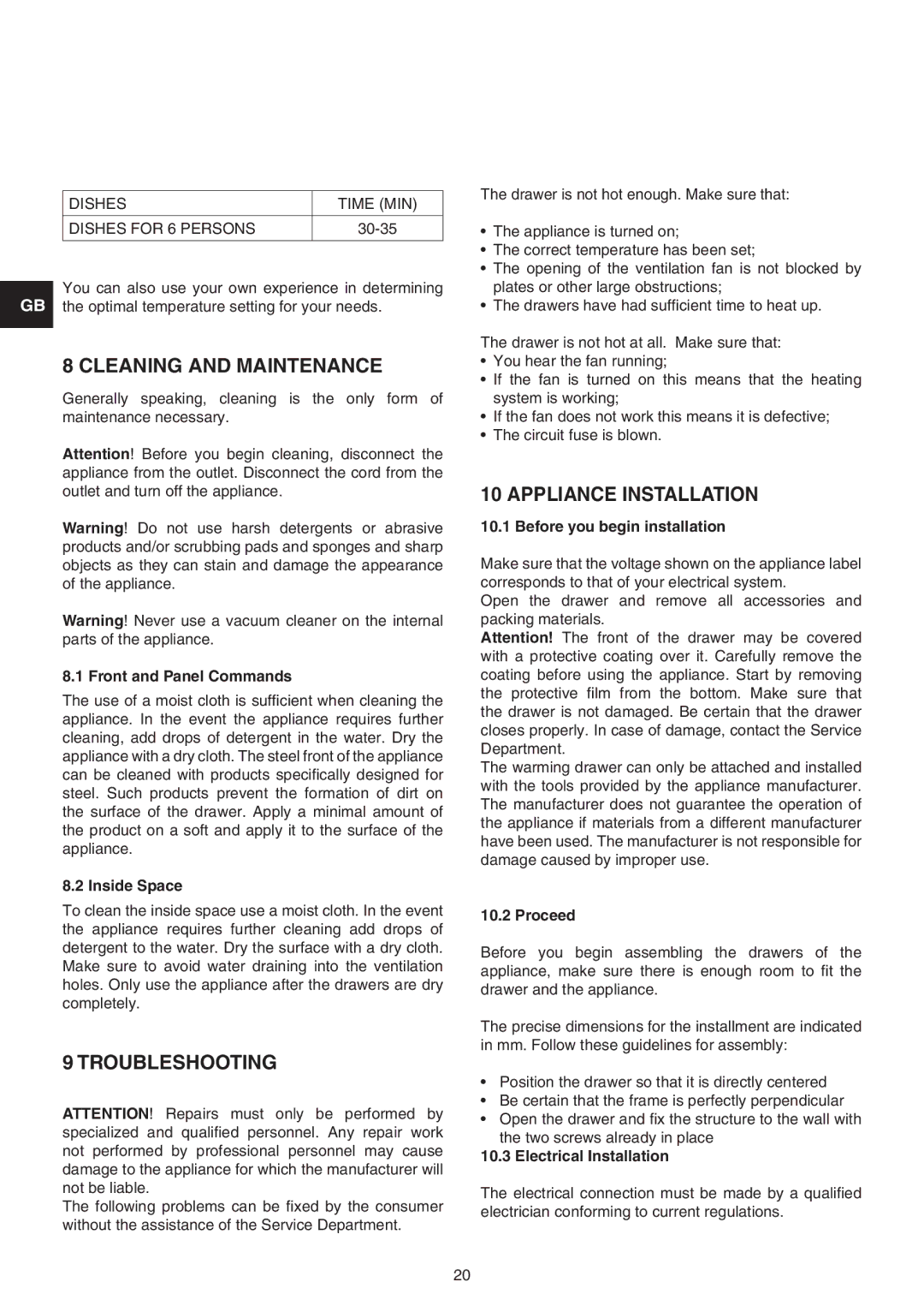 Baumatic BD30TS manual Cleaning and Maintenance, Troubleshooting, Appliance Installation 