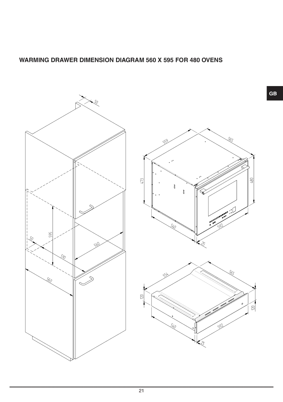 Baumatic BD30TS manual Warming Drawer Dimension Diagram 560 X 595 for 480 Ovens 