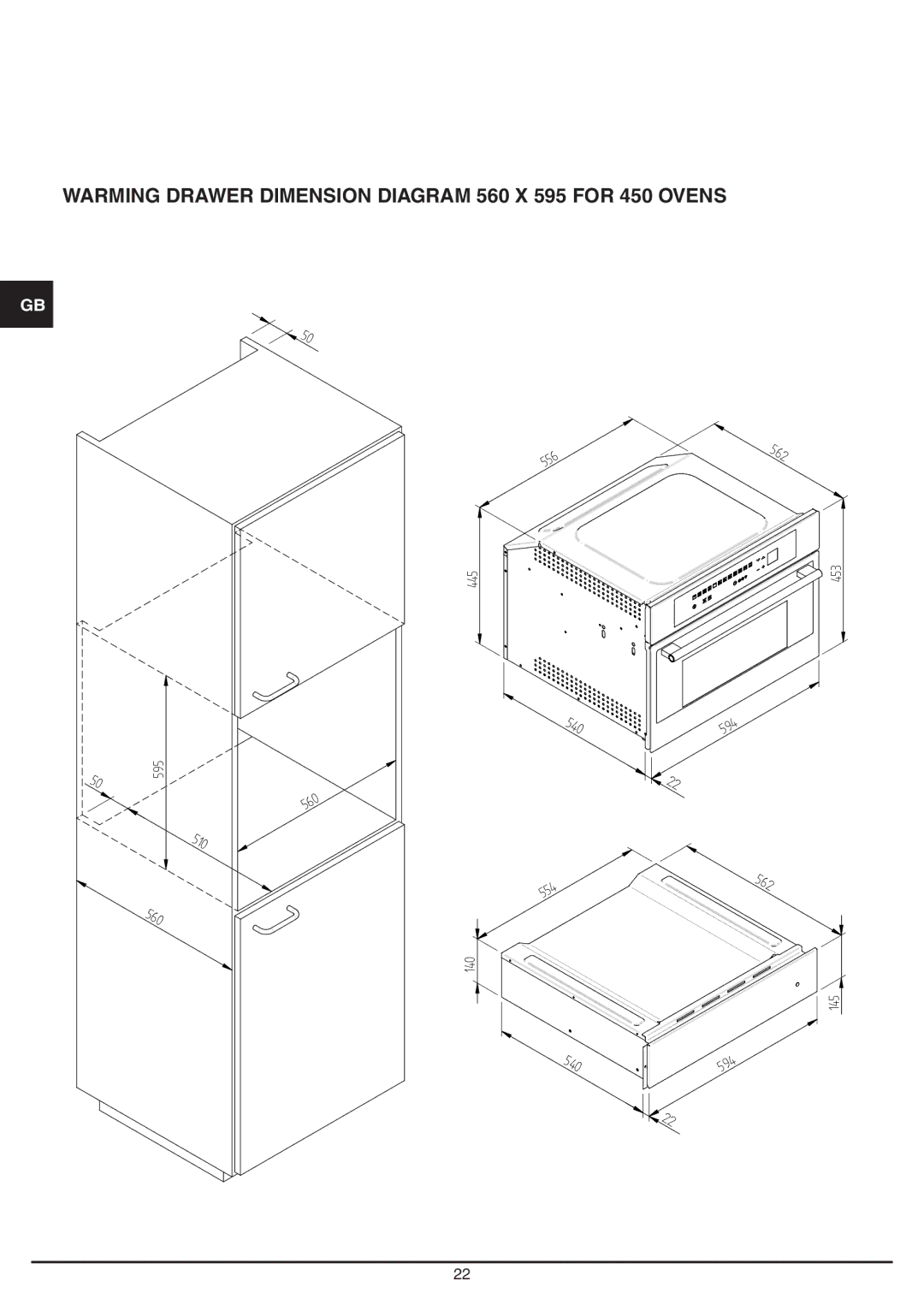 Baumatic BD30TS manual Warming Drawer Dimension Diagram 560 X 595 for 450 Ovens 