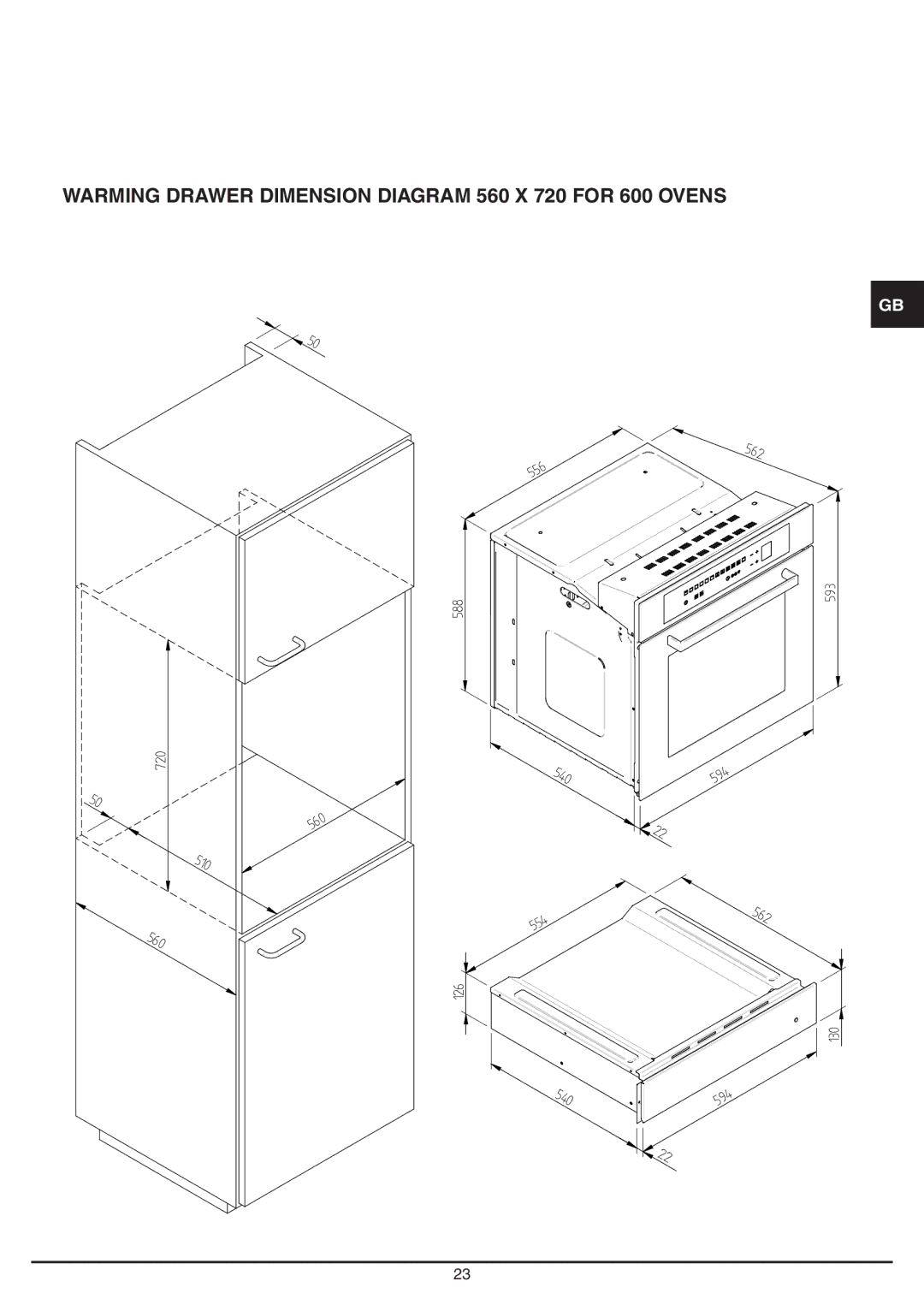 Baumatic BD30TS manual Warming Drawer Dimension Diagram 560 X 720 for 600 Ovens 