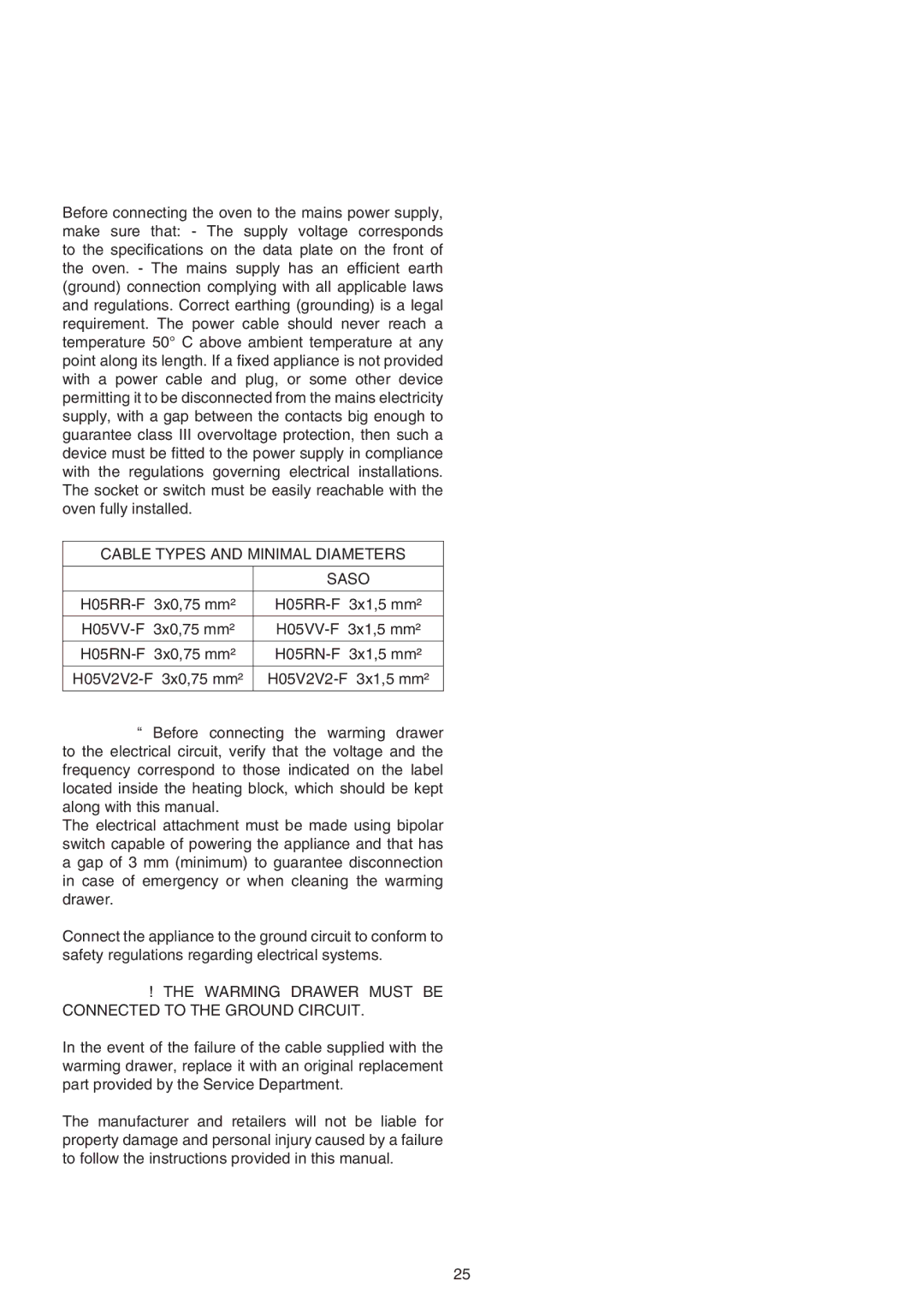 Baumatic BD30TS manual Electrical connections, Cable Types and Minimal Diameters Saso, Connected to the Ground Circuit 