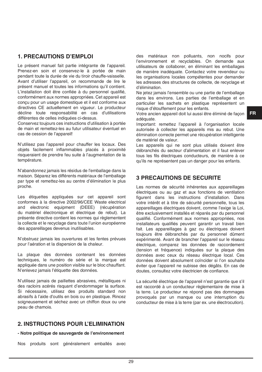 Baumatic BD30TS manual Precautions D’EMPLOI, Instructions Pour L’ELIMINATION, Precautions DE Securite 