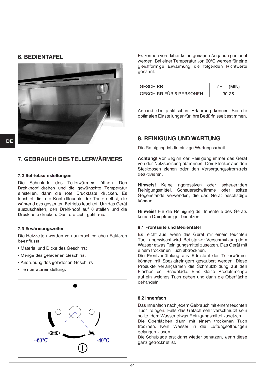 Baumatic BD30TS manual Bedientafel Gebrauch DES Tellerwärmers, Reinigung UND Wartung 