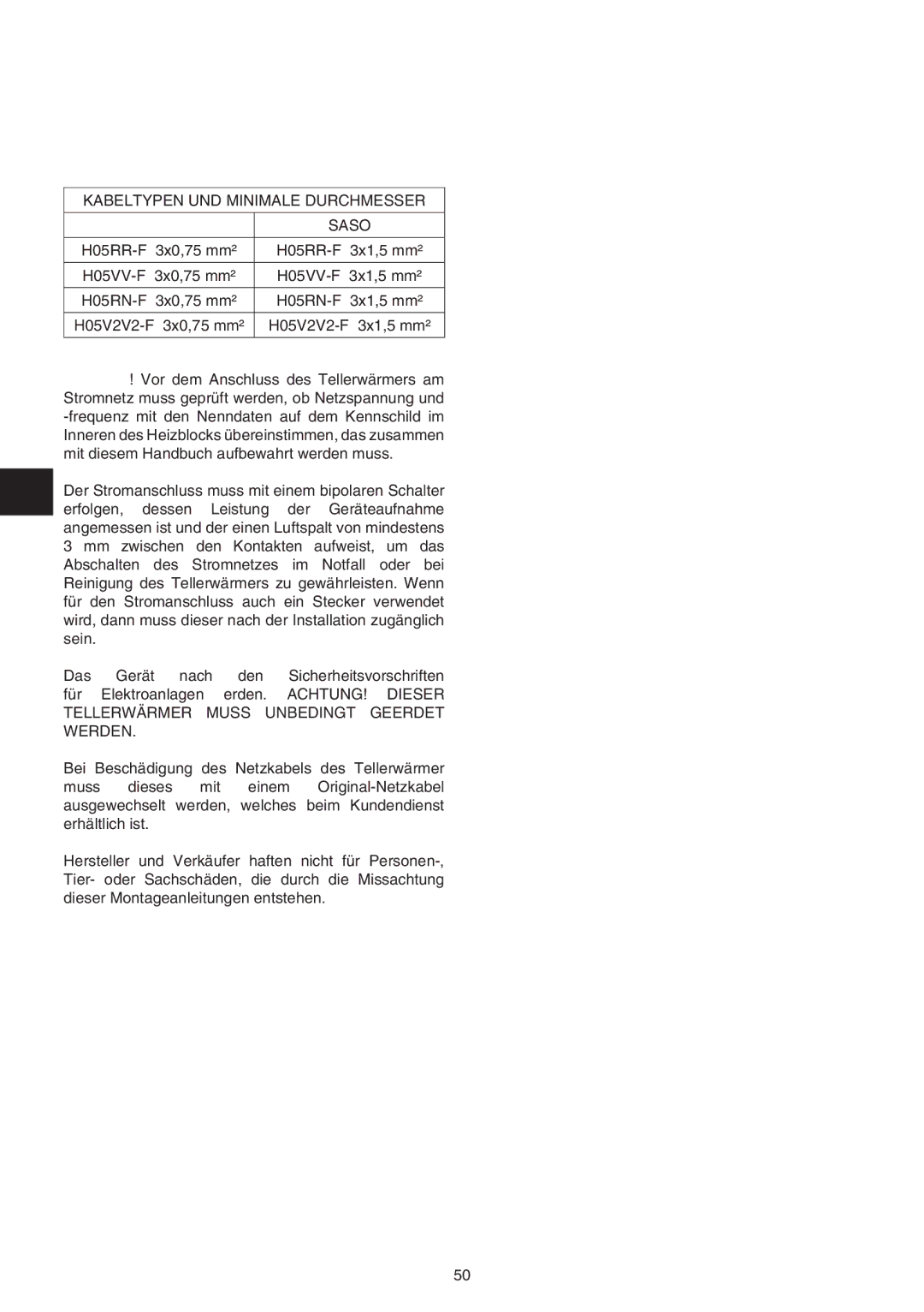 Baumatic BD30TS manual Kabeltypen UND Minimale Durchmesser Saso, Achtung Dieser Tellerwärmer Muss Unbedingt Geerdet Werden 
