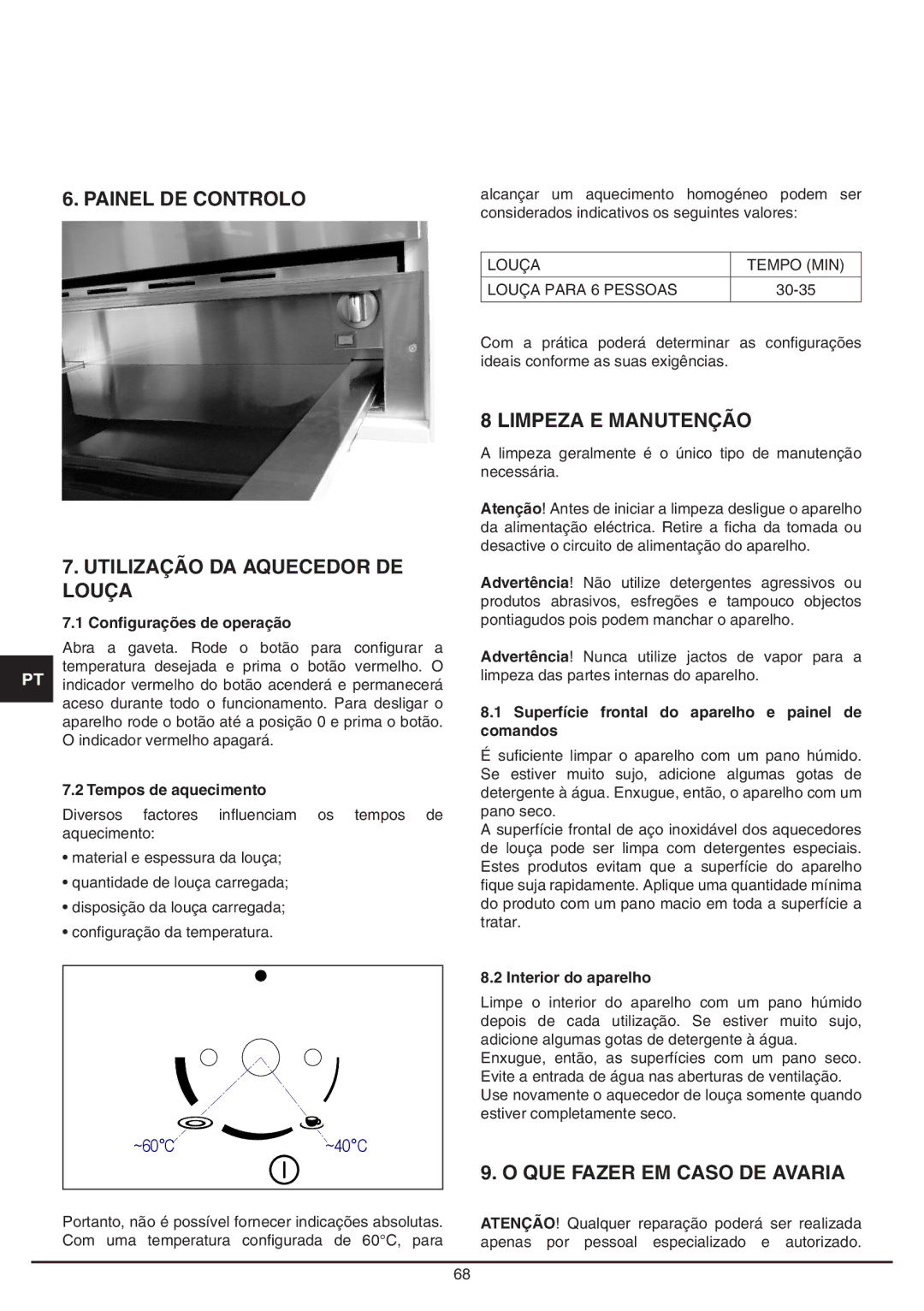 Baumatic BD30TS Painel DE Controlo Utilização DA Aquecedor DE Louça, Limpeza E Manutenção, QUE Fazer EM Caso DE Avaria 