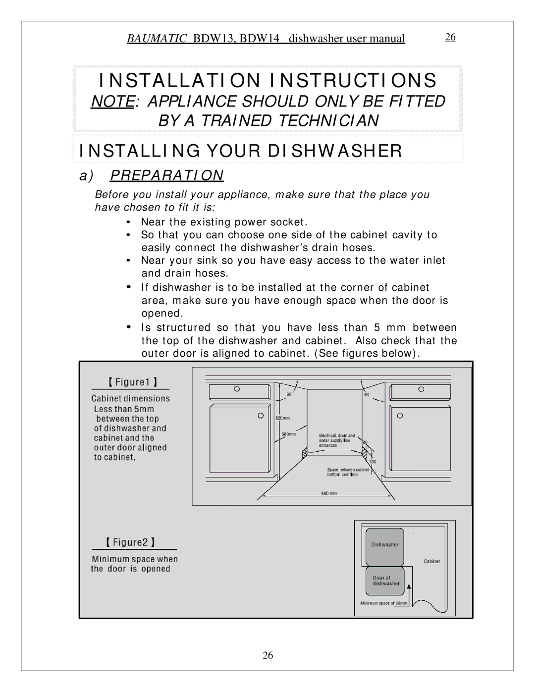 Baumatic BDW13 manual Installation Instructions 