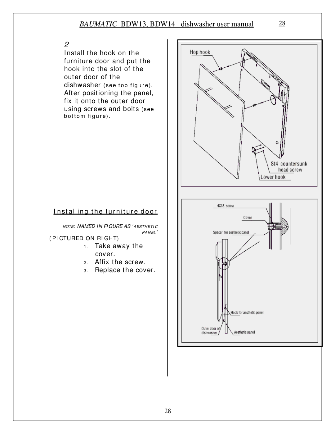 Baumatic BDW13 manual Installing the furniture door 