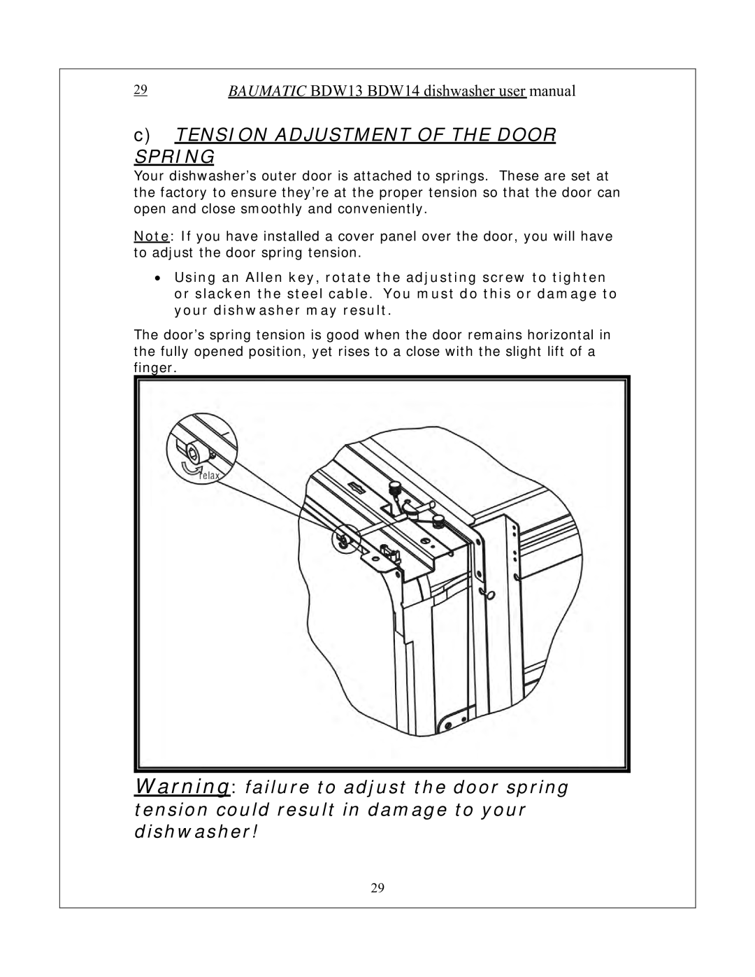 Baumatic BDW13 manual Tension Adjustment of the Door Spring 