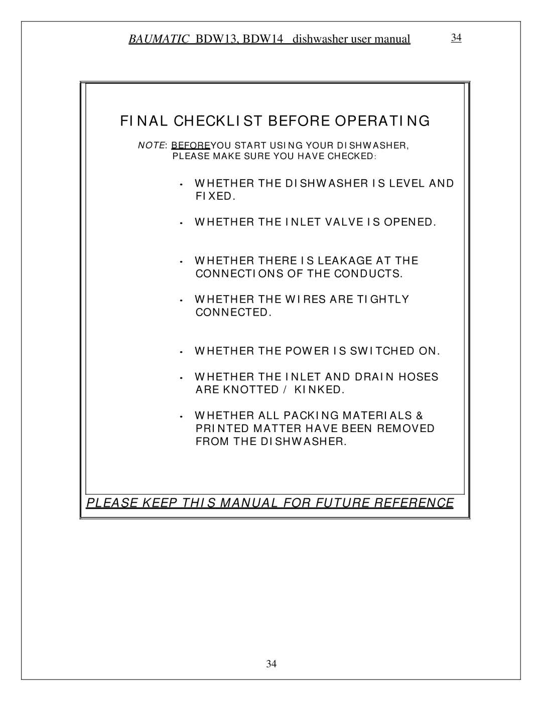 Baumatic BDW13 manual Final Checklist Before Operating 