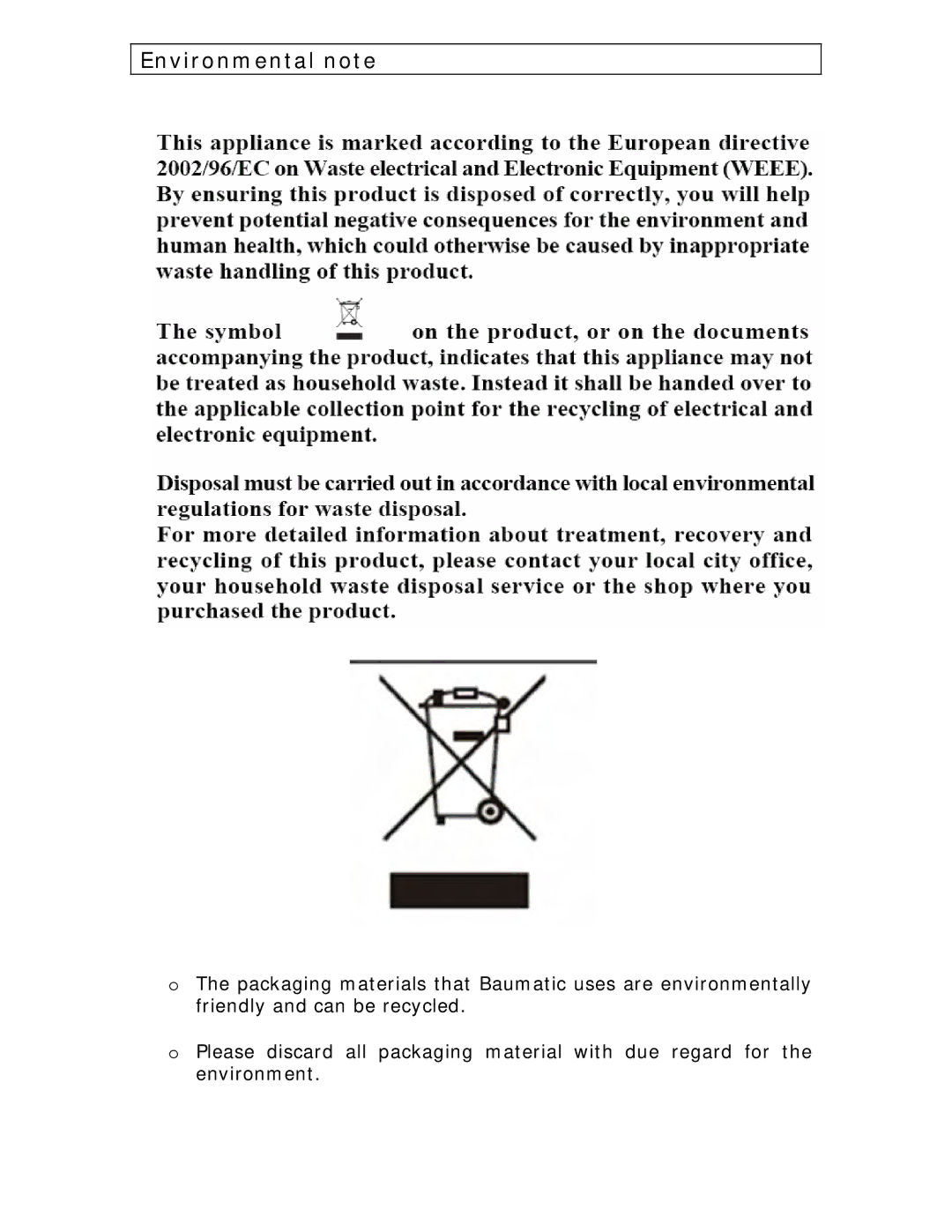 Baumatic BDW13 manual Environmental note 