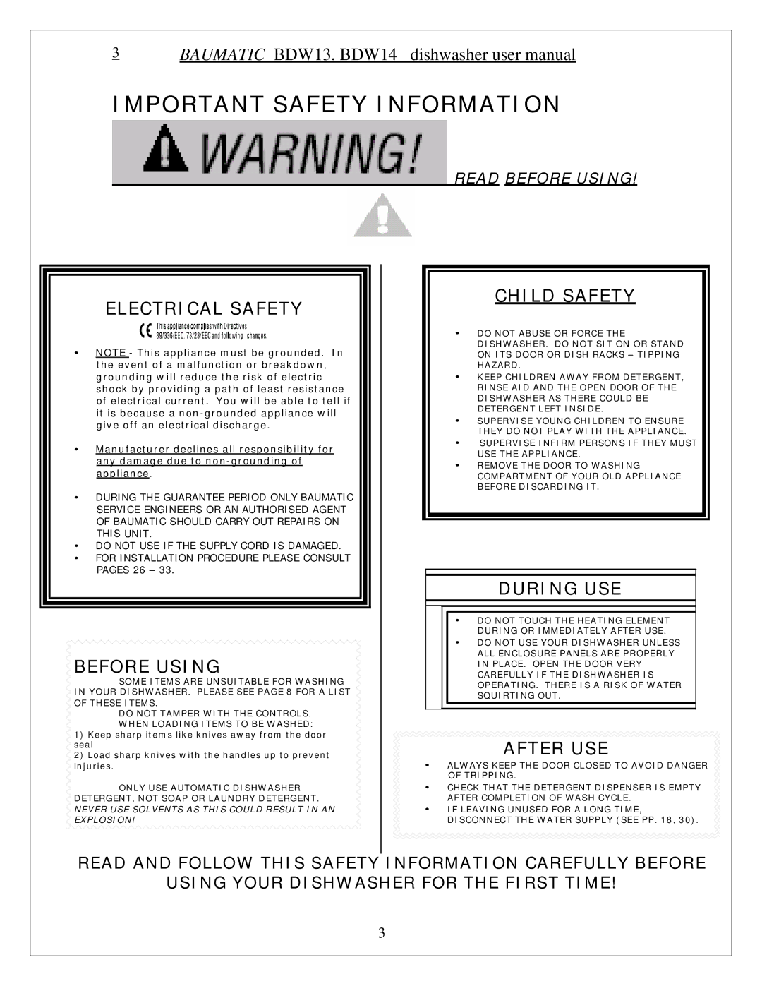 Baumatic BDW13 manual Important Safety Information 