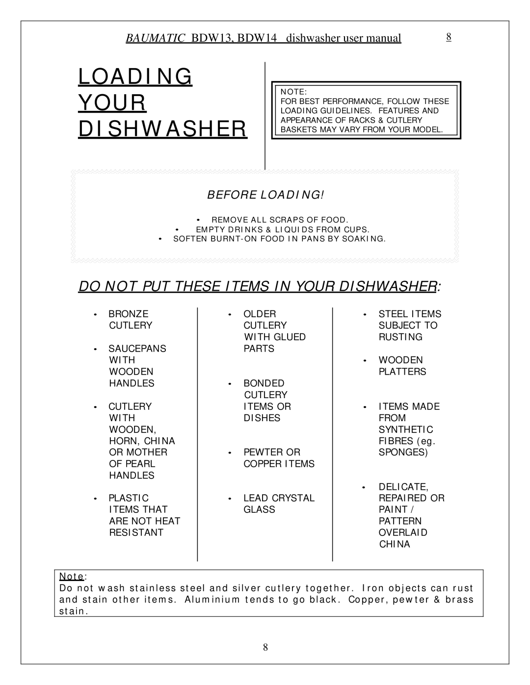 Baumatic BDW13 manual Loading Your Dishwasher 