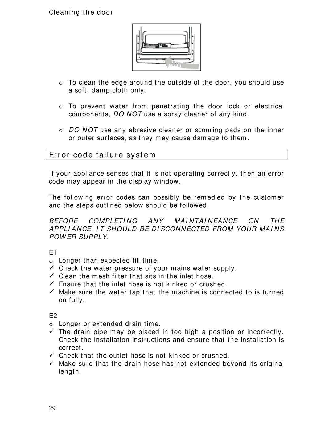 Baumatic BDW45.1 manual Error code failure system, Cleaning the door 