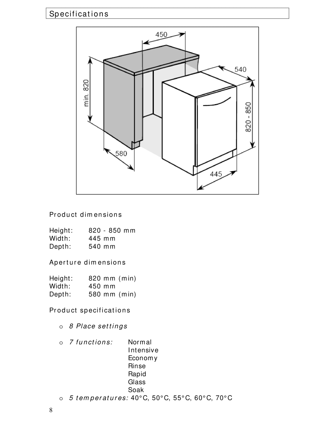 Baumatic BDW45.1 manual Specifications, Product dimensions, Aperture dimensions, Product specifications 