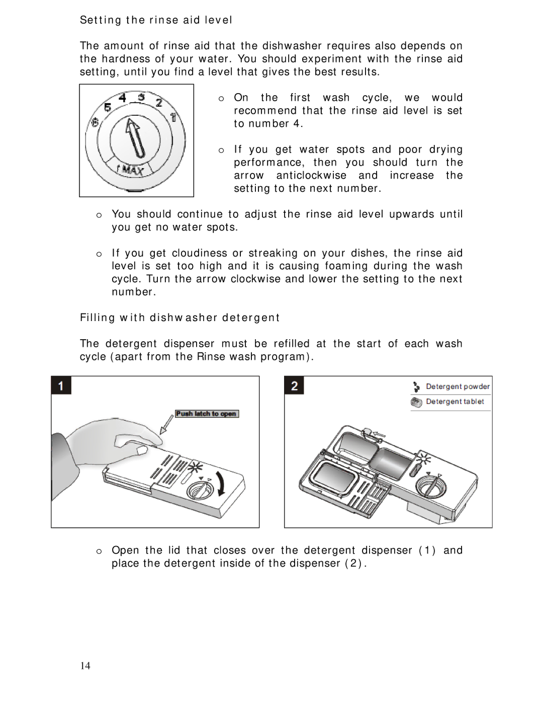 Baumatic BDWI460 manual Setting the rinse aid level, Filling with dishwasher detergent 