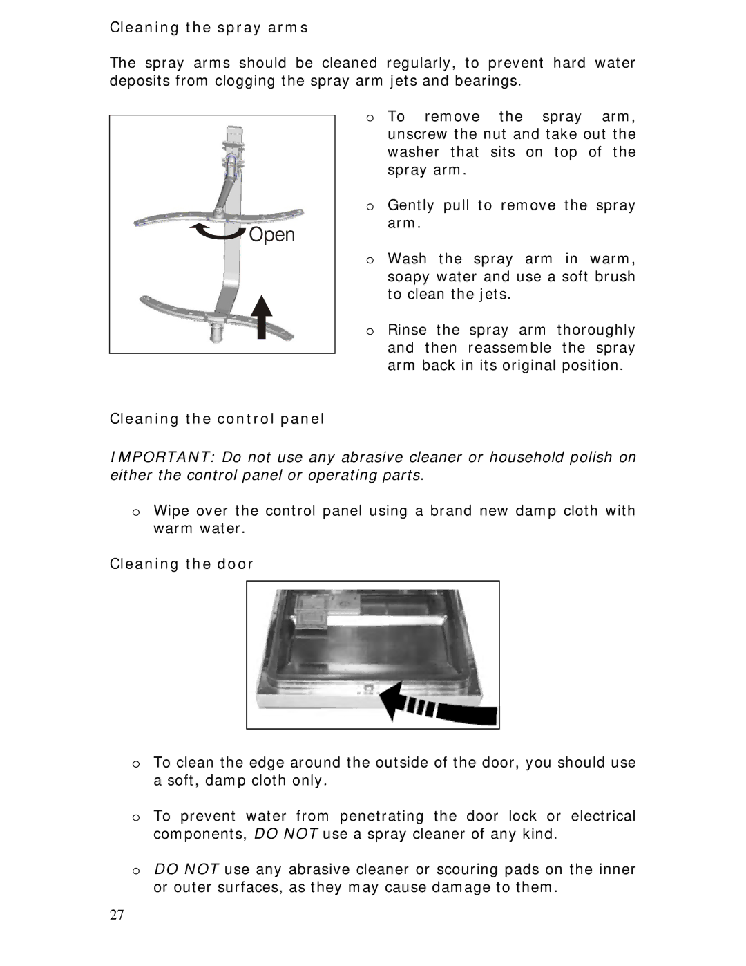 Baumatic BDWI460 manual Cleaning the spray arms, Cleaning the control panel, Cleaning the door 