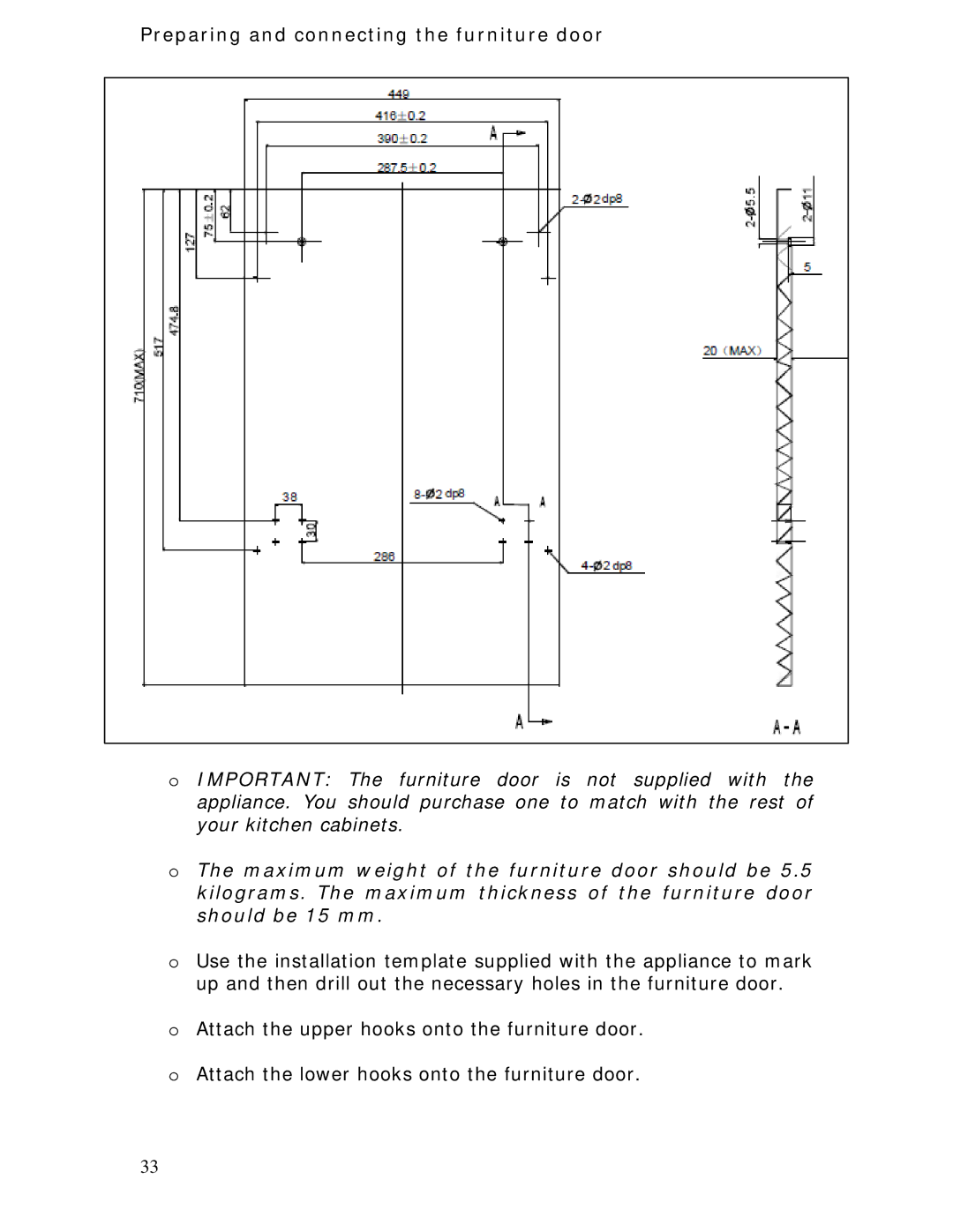 Baumatic BDWI460 manual Preparing and connecting the furniture door 