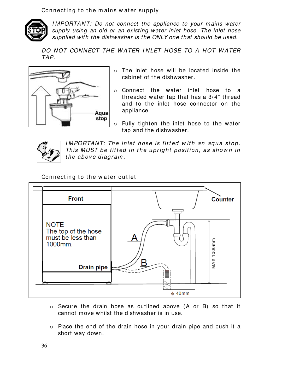 Baumatic BDWI460 manual Connecting to the mains water supply, Connecting to the water outlet 