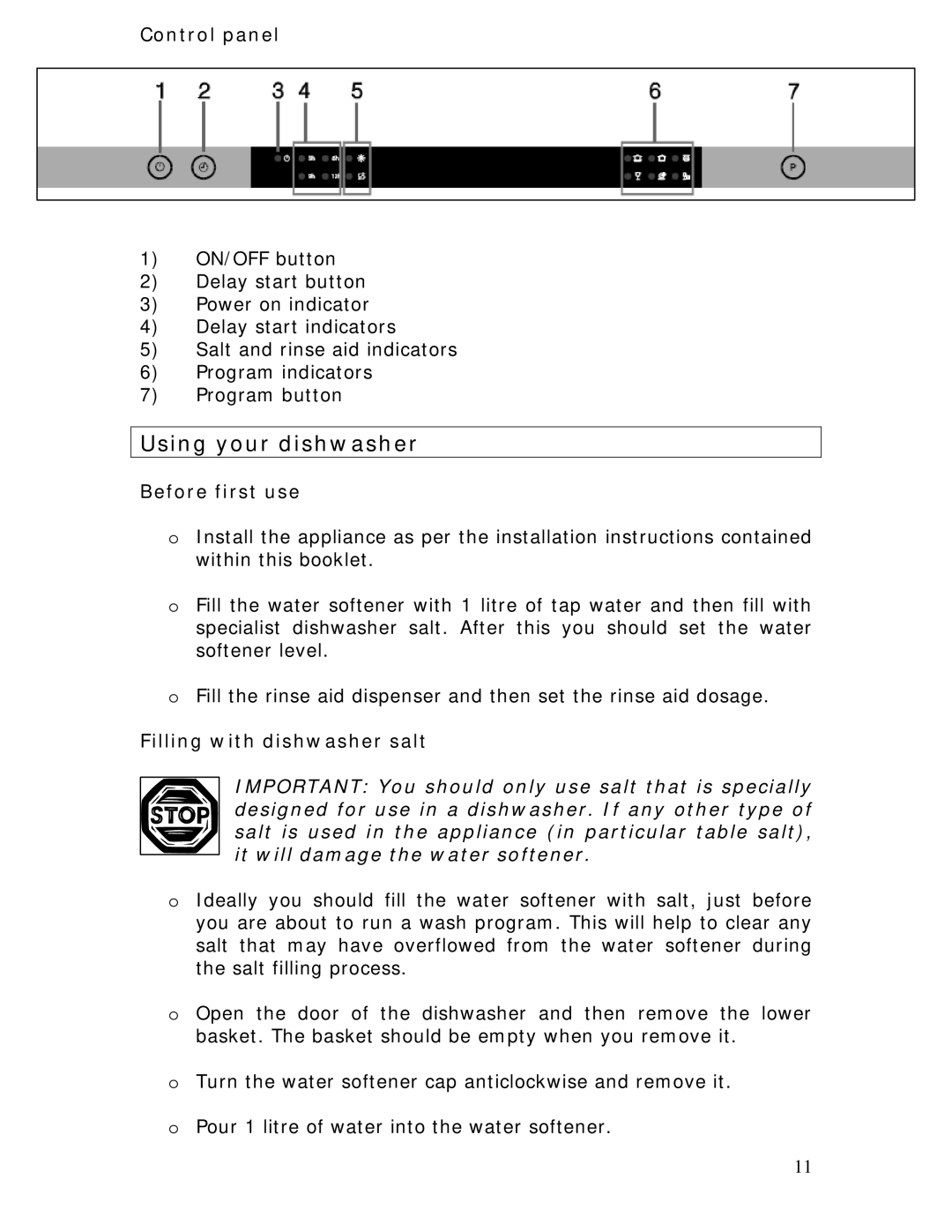 Baumatic BDWI640 manual Using your dishwasher, Control panel, Before first use, Filling with dishwasher salt 