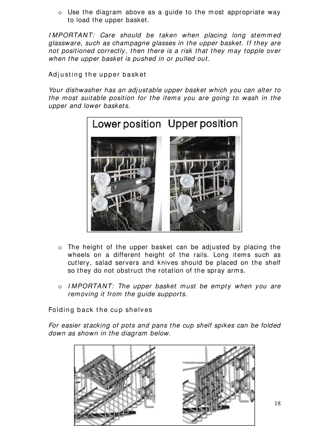 Baumatic BDWI640 manual Adjusting the upper basket, Folding back the cup shelves 