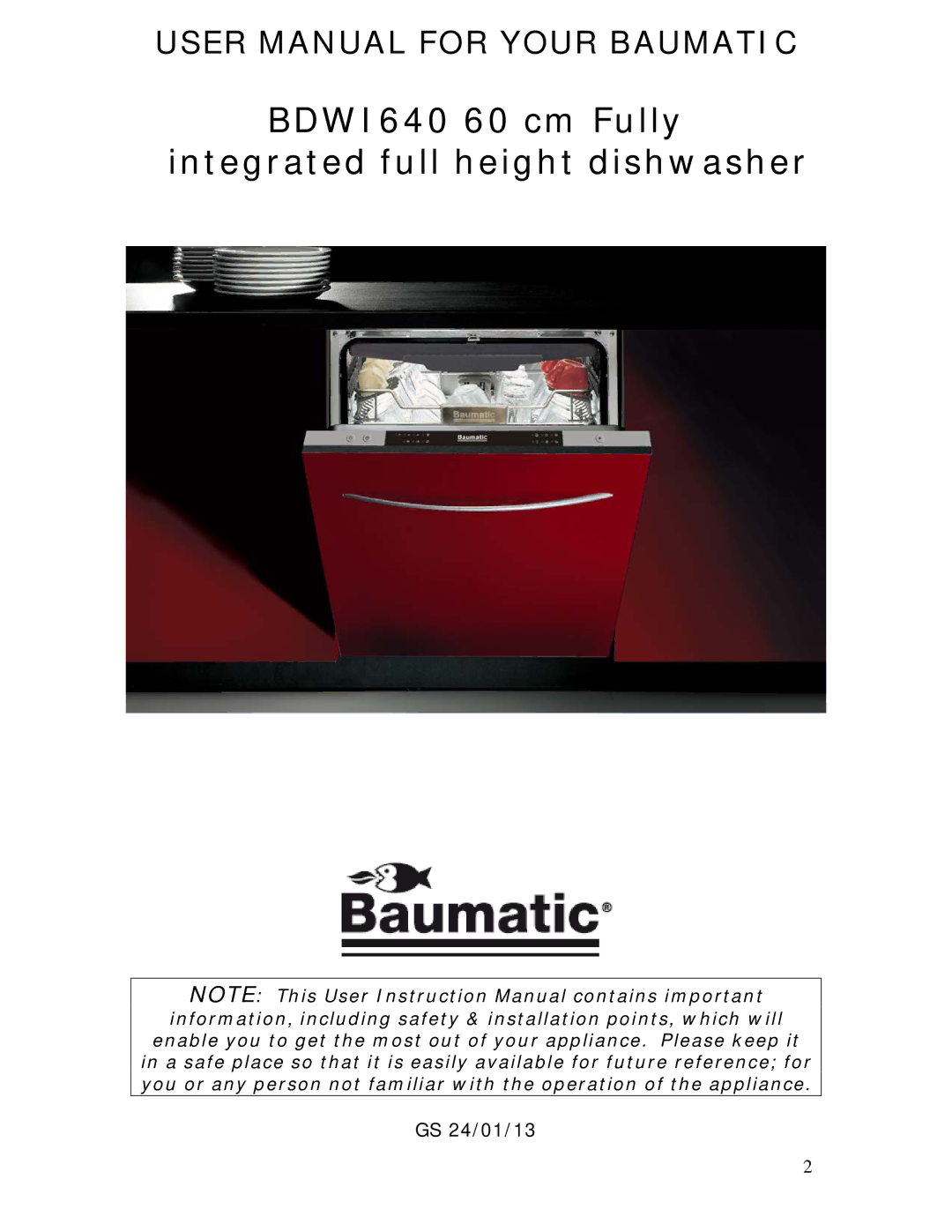 Baumatic manual BDWI640 60 cm Fully integrated full height dishwasher 