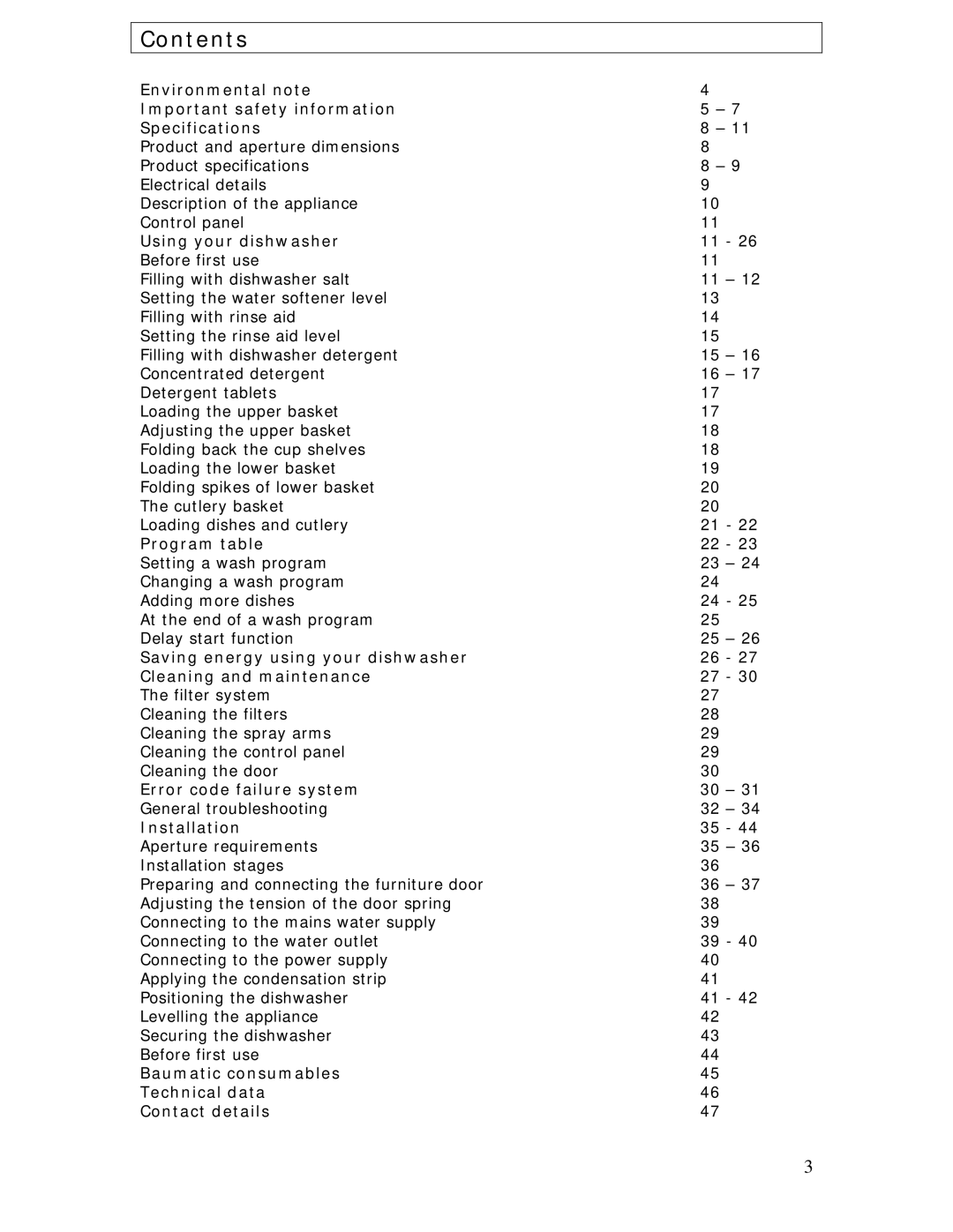 Baumatic BDWI640 manual Contents 