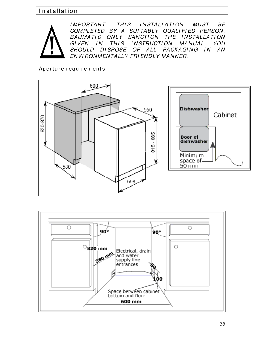 Baumatic BDWI640 manual Installation, Aperture requirements 