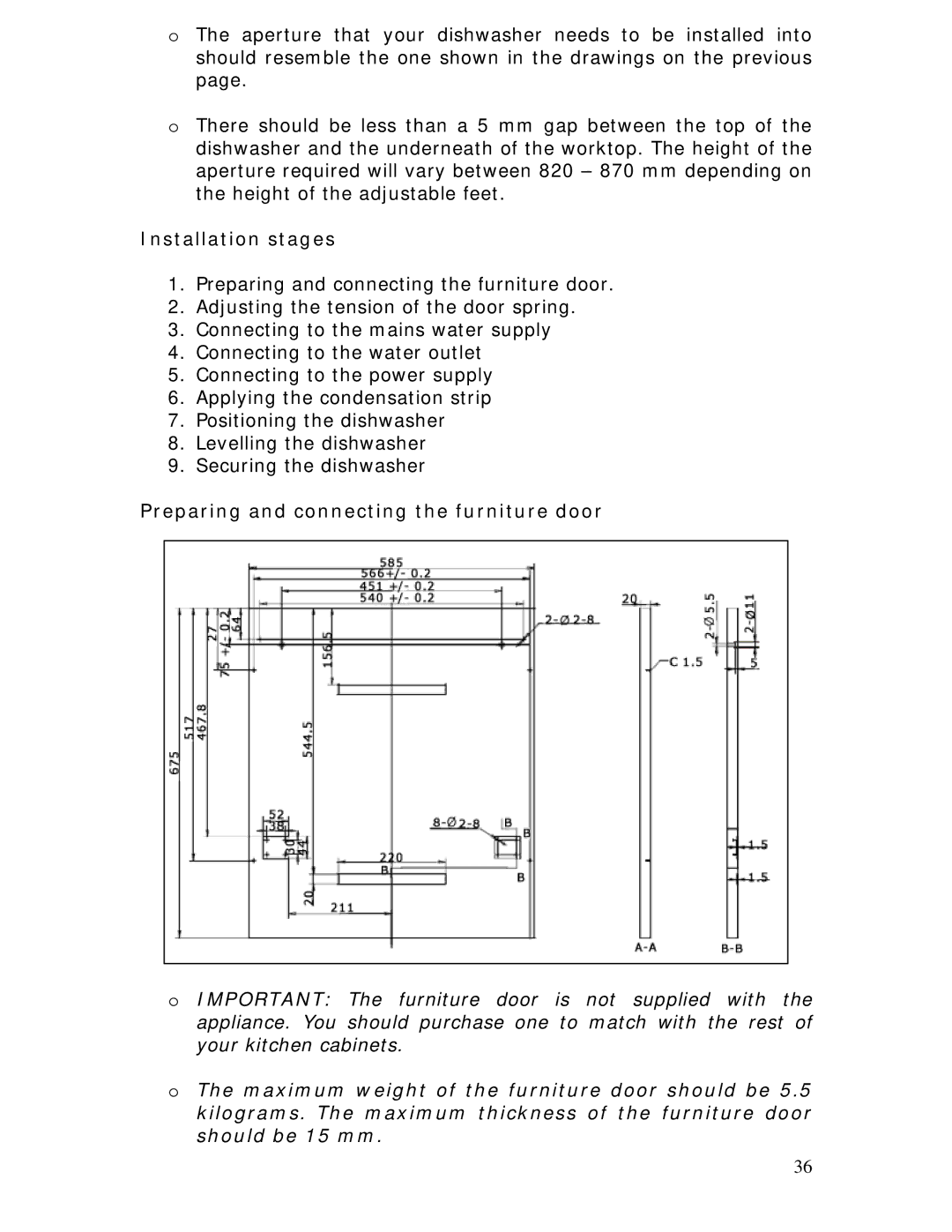 Baumatic BDWI640 manual Installation stages, Preparing and connecting the furniture door 