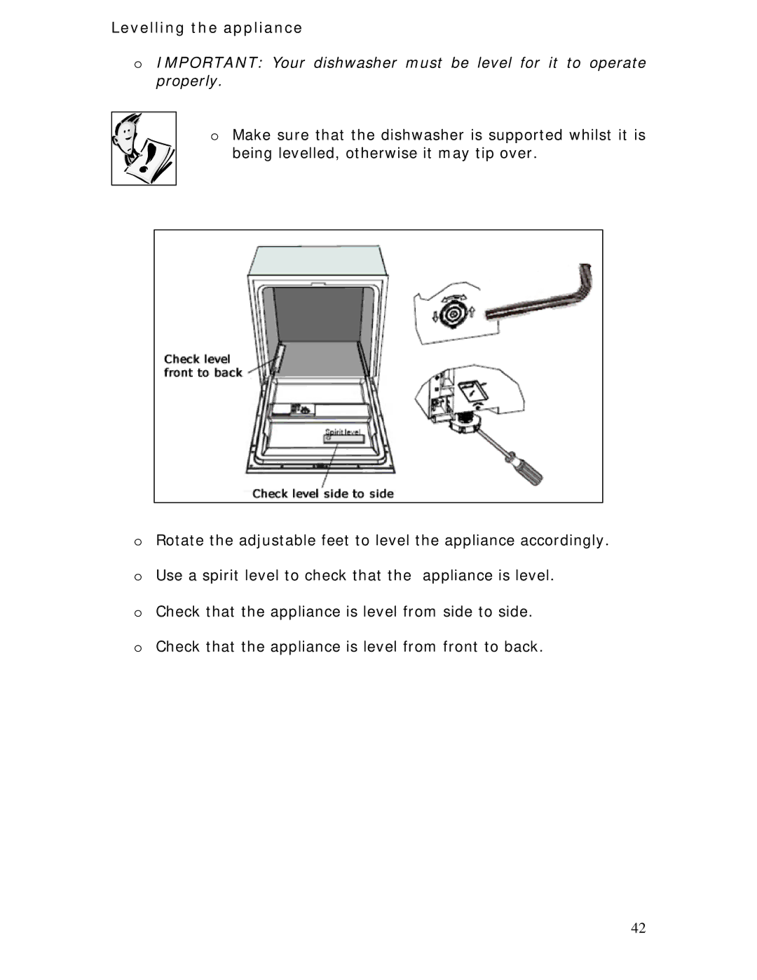 Baumatic BDWI640 manual Levelling the appliance 