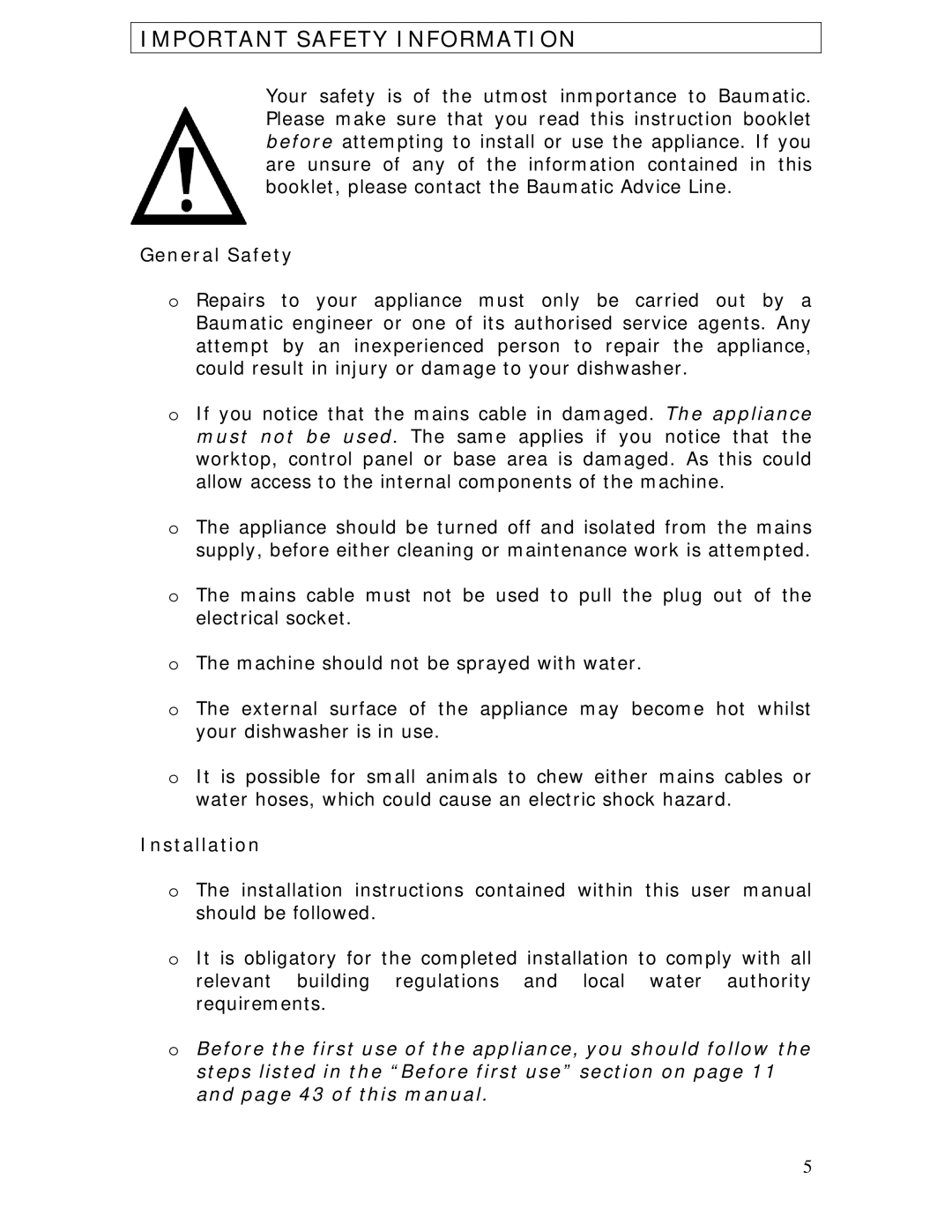 Baumatic BDWI640 manual General Safety, Installation 