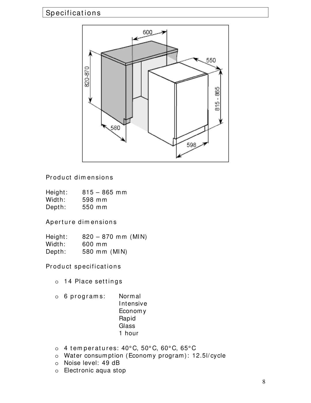 Baumatic BDWI640 manual Specifications, Product dimensions, Aperture dimensions 