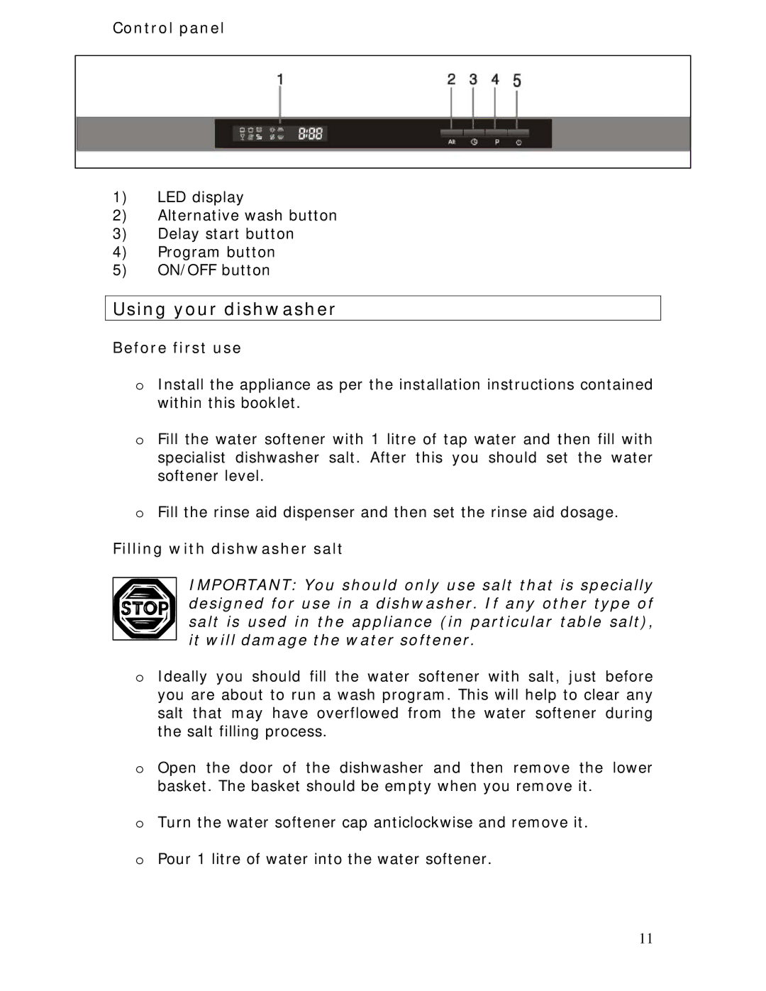 Baumatic BDWI660 manual Using your dishwasher, Control panel, Before first use, Filling with dishwasher salt 