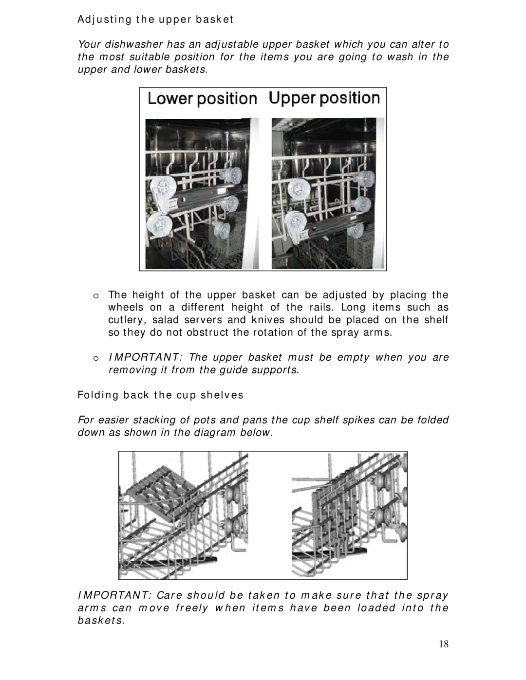 Baumatic BDWI660 manual Adjusting the upper basket, Folding back the cup shelves 