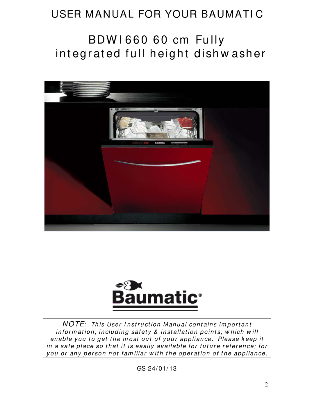 Baumatic manual BDWI660 60 cm Fully integrated full height dishwasher 