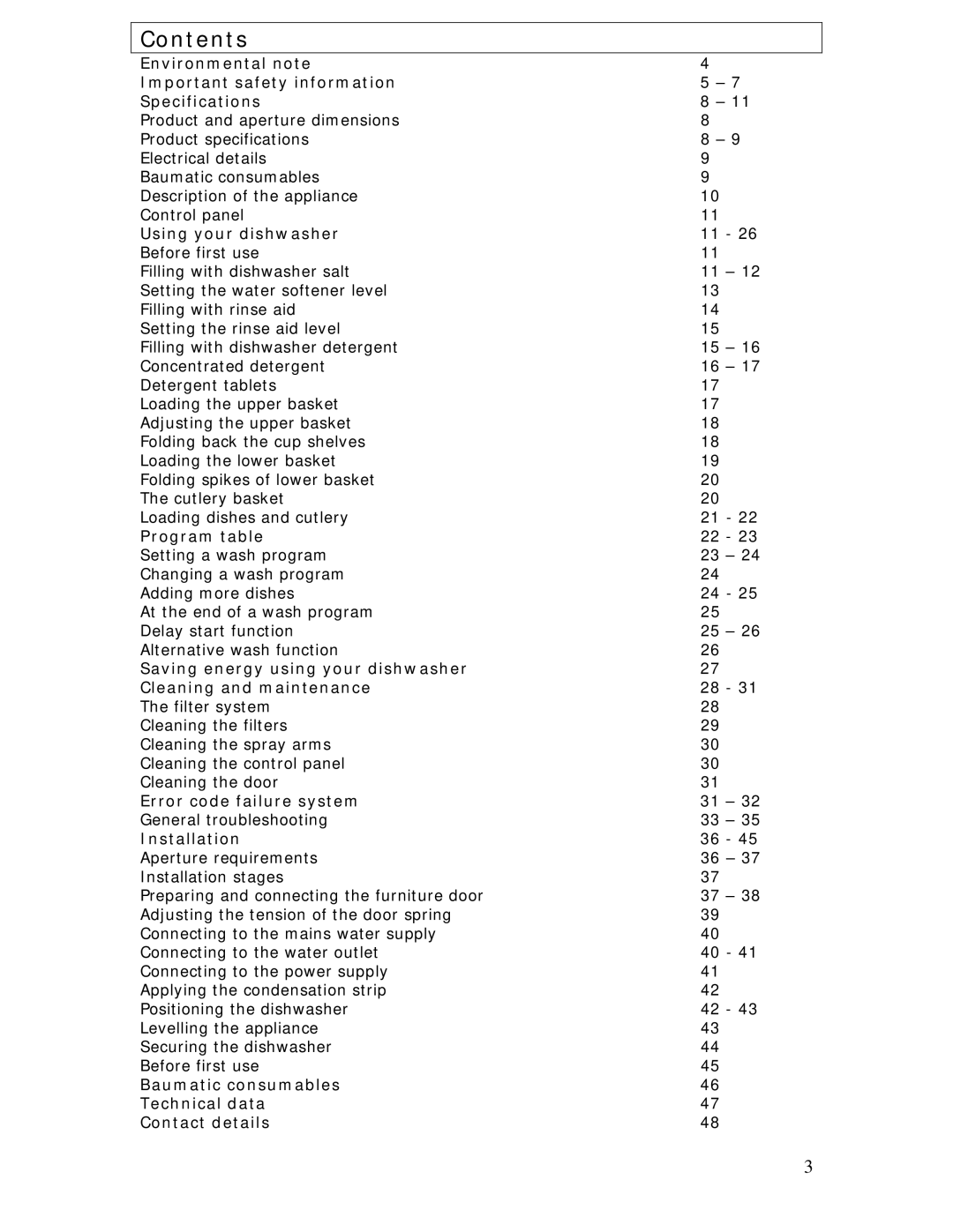 Baumatic BDWI660 manual Contents 