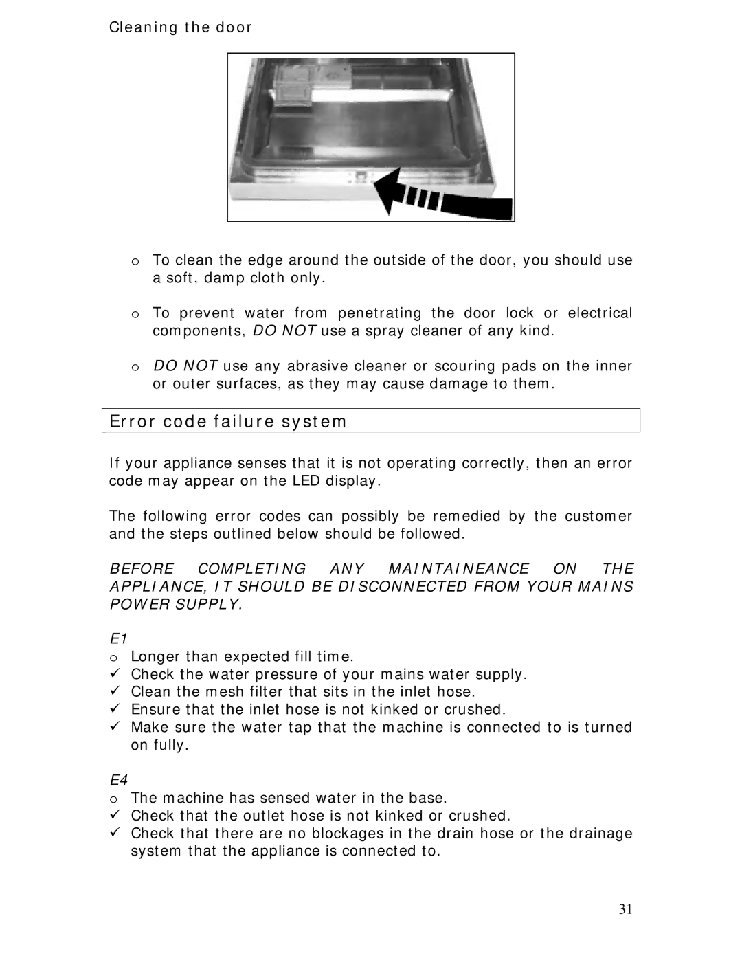 Baumatic BDWI660 manual Error code failure system, Cleaning the door 