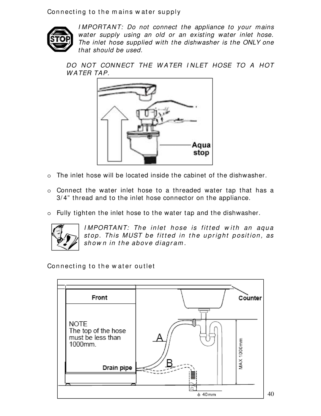 Baumatic BDWI660 manual Connecting to the mains water supply, Connecting to the water outlet 