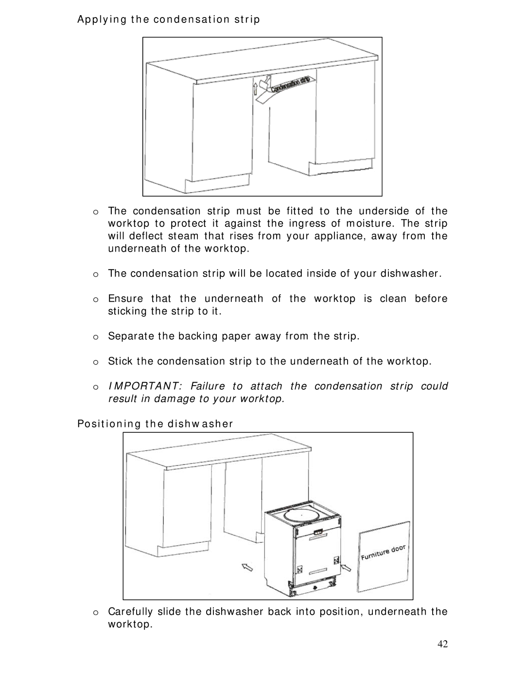 Baumatic BDWI660 manual Applying the condensation strip, Positioning the dishwasher 